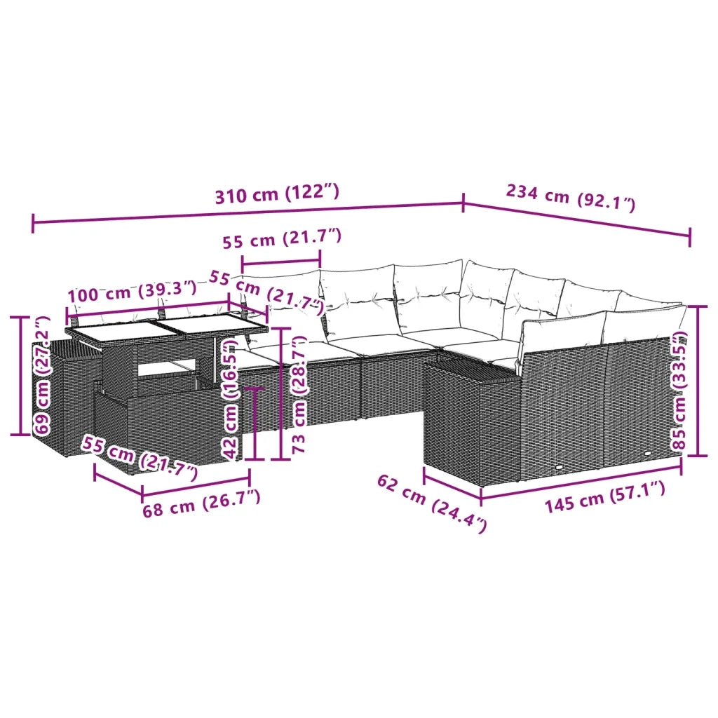 Set Divani da Giardino 10pz con Cuscini in Polyrattan Nero