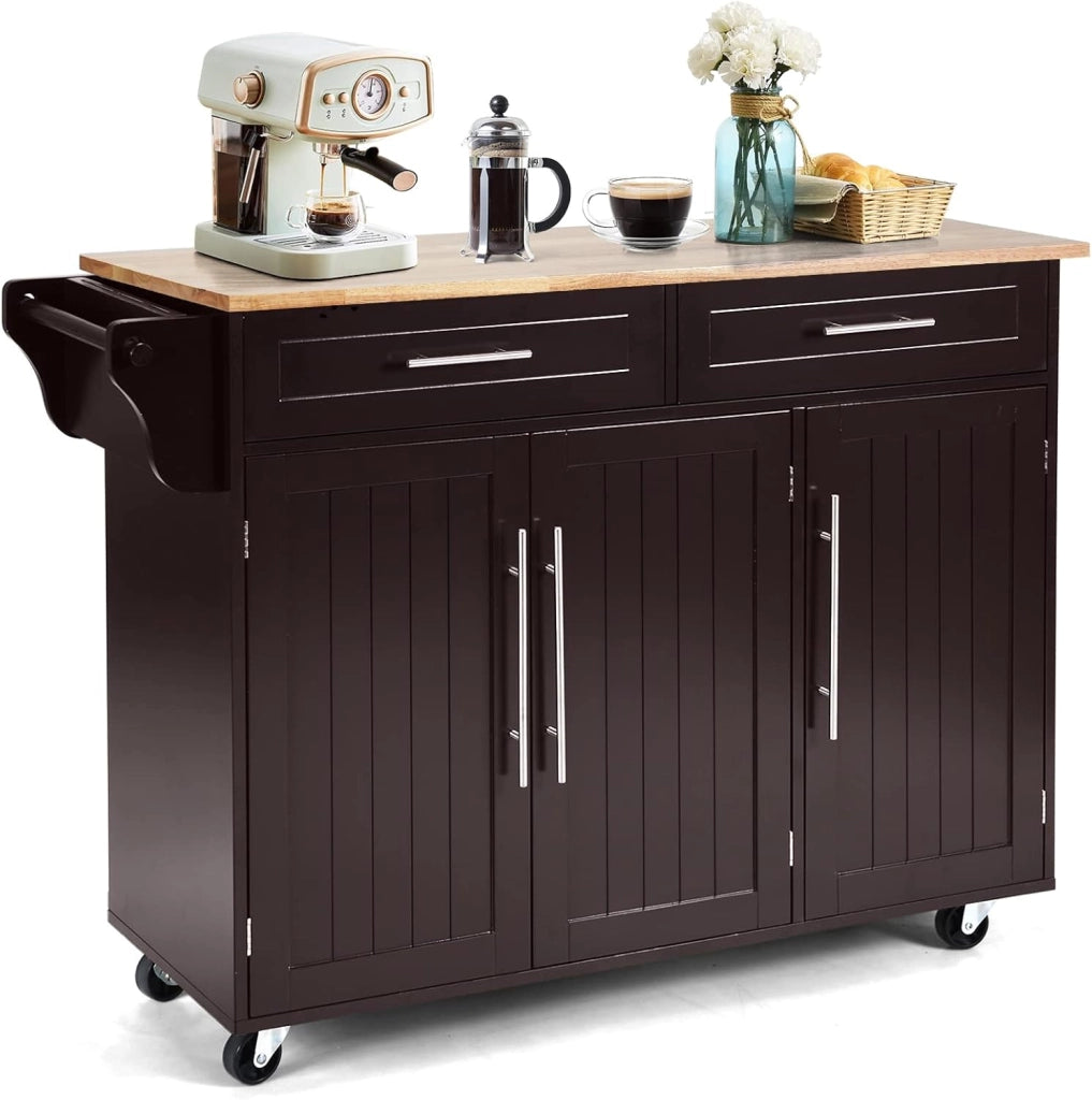 Carrello da Cucina, Carrello di Servizio con Ruote e Maniglia, 3 Ante e 2 Cassetti, Ideale per Cucina Ristorante Bar, 122x46x92,3 cm (Marrone)