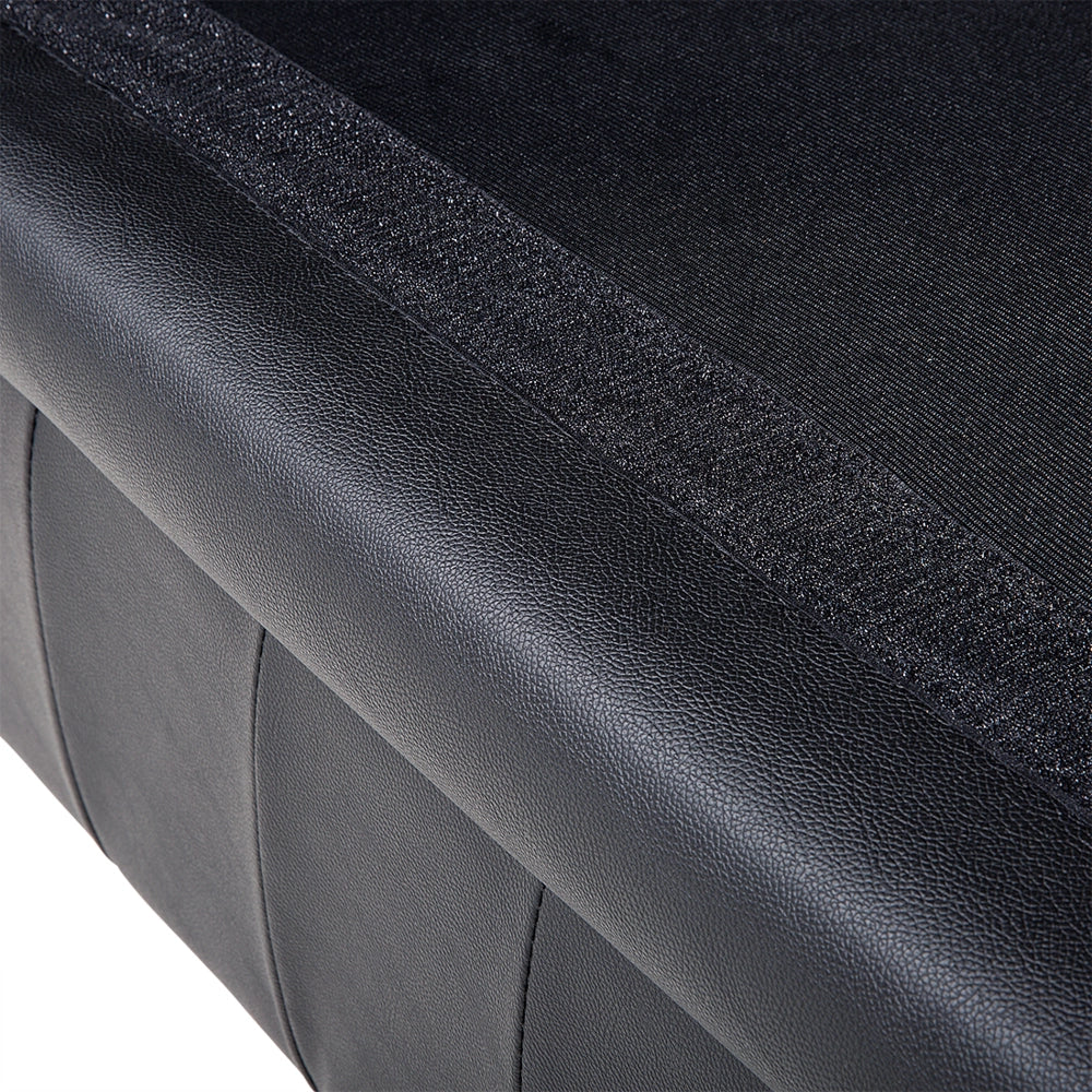 Set soggiorno Chesterfield Rivestimento in pelle nera Gambe in legno scuro Divano a 3 posti + poltrona contemporanea