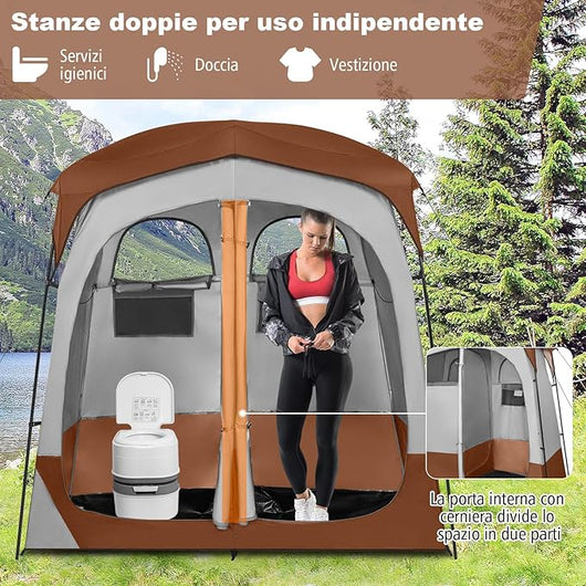 Tenda Spogliatoio da Esterno a 2 Stanze, Tenda da Doccia da Campeggio con Parapioggia Rimovibile, Stendibiancheria e Borsa, Tenda per WC Doccia per Campeggio, Spiaggia e Pesca(Marrone)