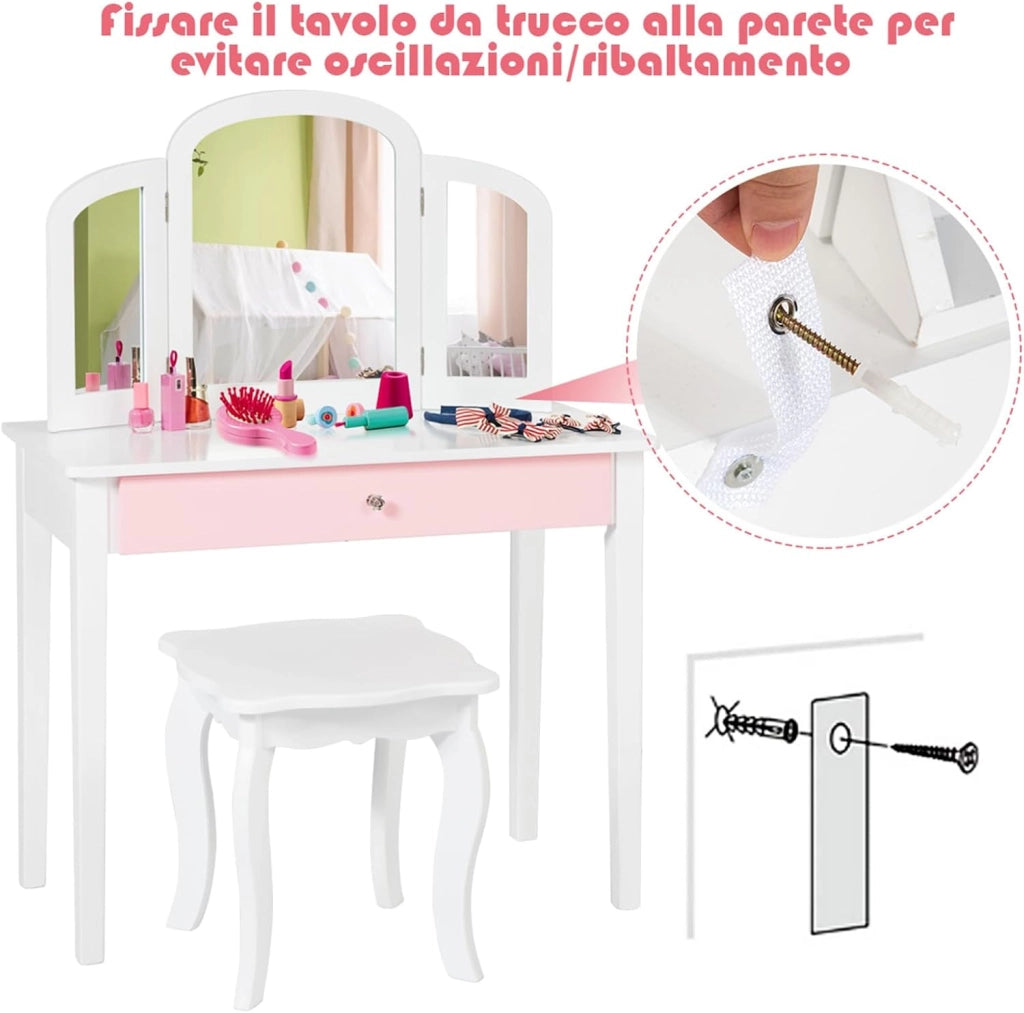 Toeletta Trucco per Bambina, Specchiera Trittica per Ragazza in Legno Robusto con Sgabello e Cassetto, Postazione Trucco 2 in 1 per Cameretta e Cmera da Letto, 95x70x34cm(Bianco)
