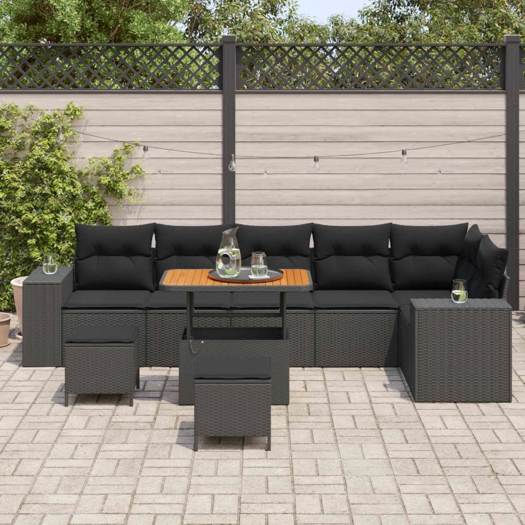 Set Divano da Giardino con cuscino 9 pcs Nero polyrattan