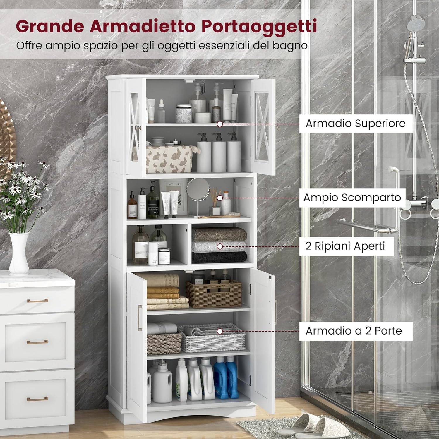 Mobile Bagno, Armadietto Salvaspazio con Porte in Acrilico, Ripiani Regolabili e Ampio Scomparto, Armadio da Terra in Legno per Soggiorno, Camera da Letto, Salotto e Cucina (Bianco)