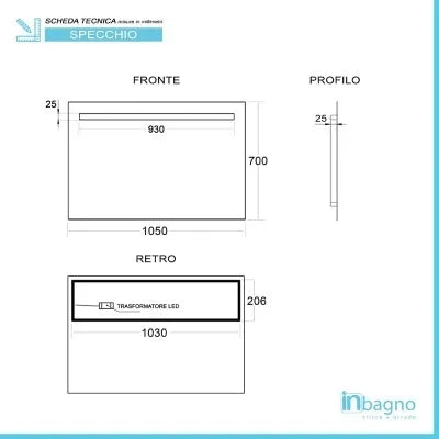Specchio bagno 105x70 cm con fascia LED superiore bianco naturale