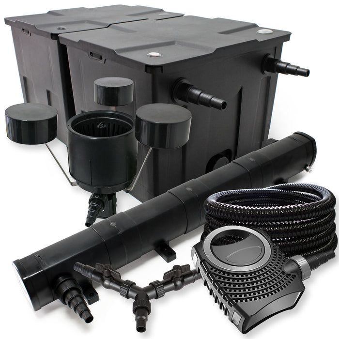Set Filtro 60.000l Chiarificatore laghetto 72W Pompa NEO10000 80W Tubo 25m Skimmer