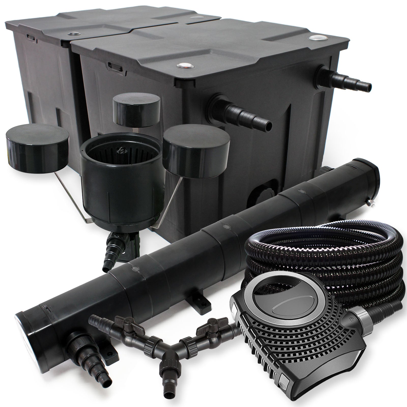 Set Filtro 60.000l Chiarificatore laghetto 72W Pompa NEO10000 80W Tubo 25m Skimmer