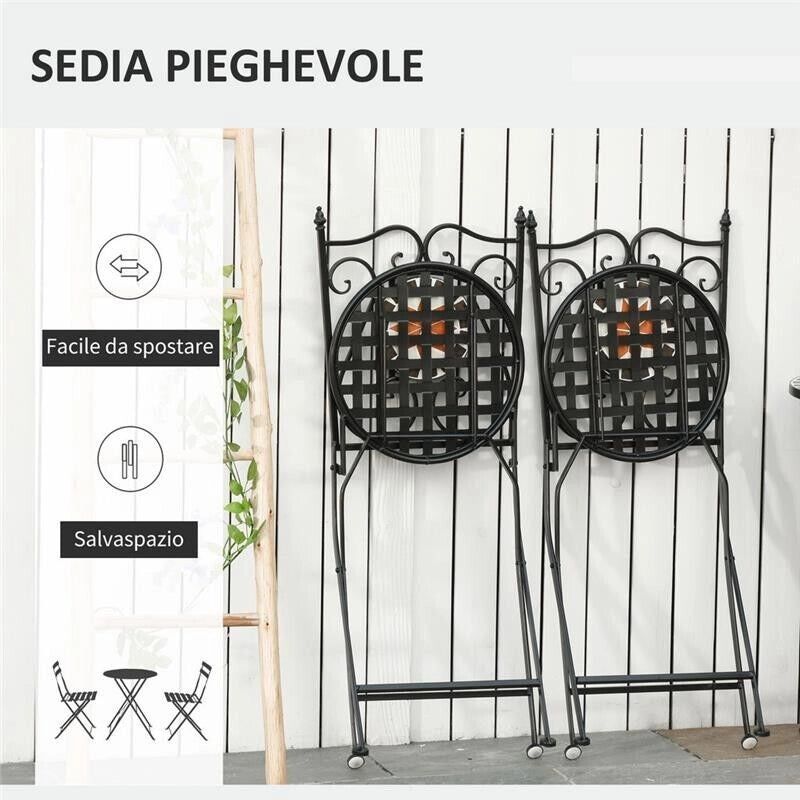 SET CON TAVOLO TONDO E 2 SEDIE PIEGHEVOL IN METALLO E CERAMICA MOSAICO