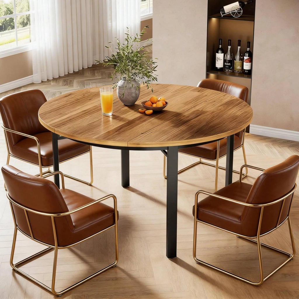 Tavolo da pranzo rotondo stile rustico moderno; diametro 118;5 cm; in MDF e metallo nero/marrone