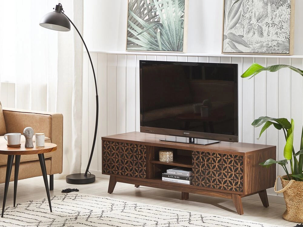 Mobile TV in legno scuro unità di intrattenimento MDF Sablon stampato porta passacavi soggiorno