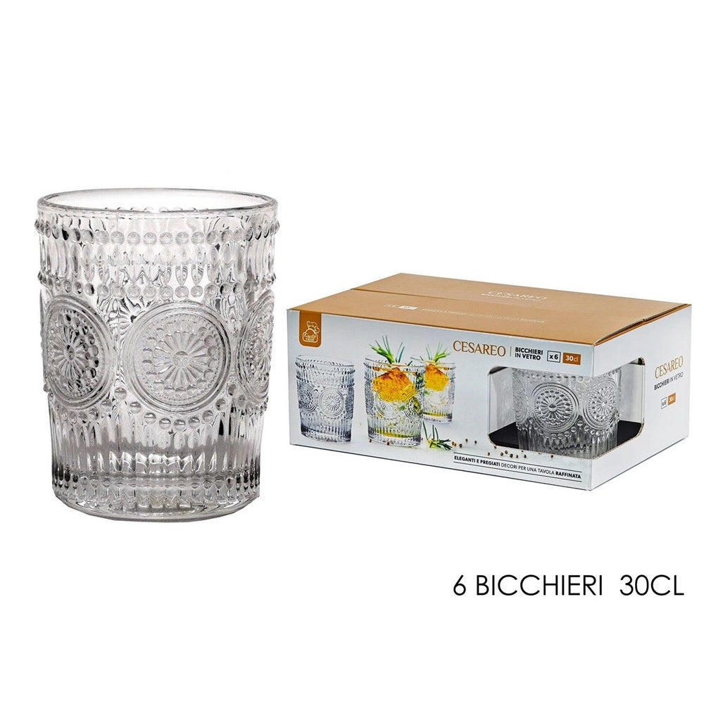 Trade Shop - Set 6pz Bicchieri In Vetro Tavola Raffinata Da 30 Cl Per Acqua Con Decorazioni In Rilievo -