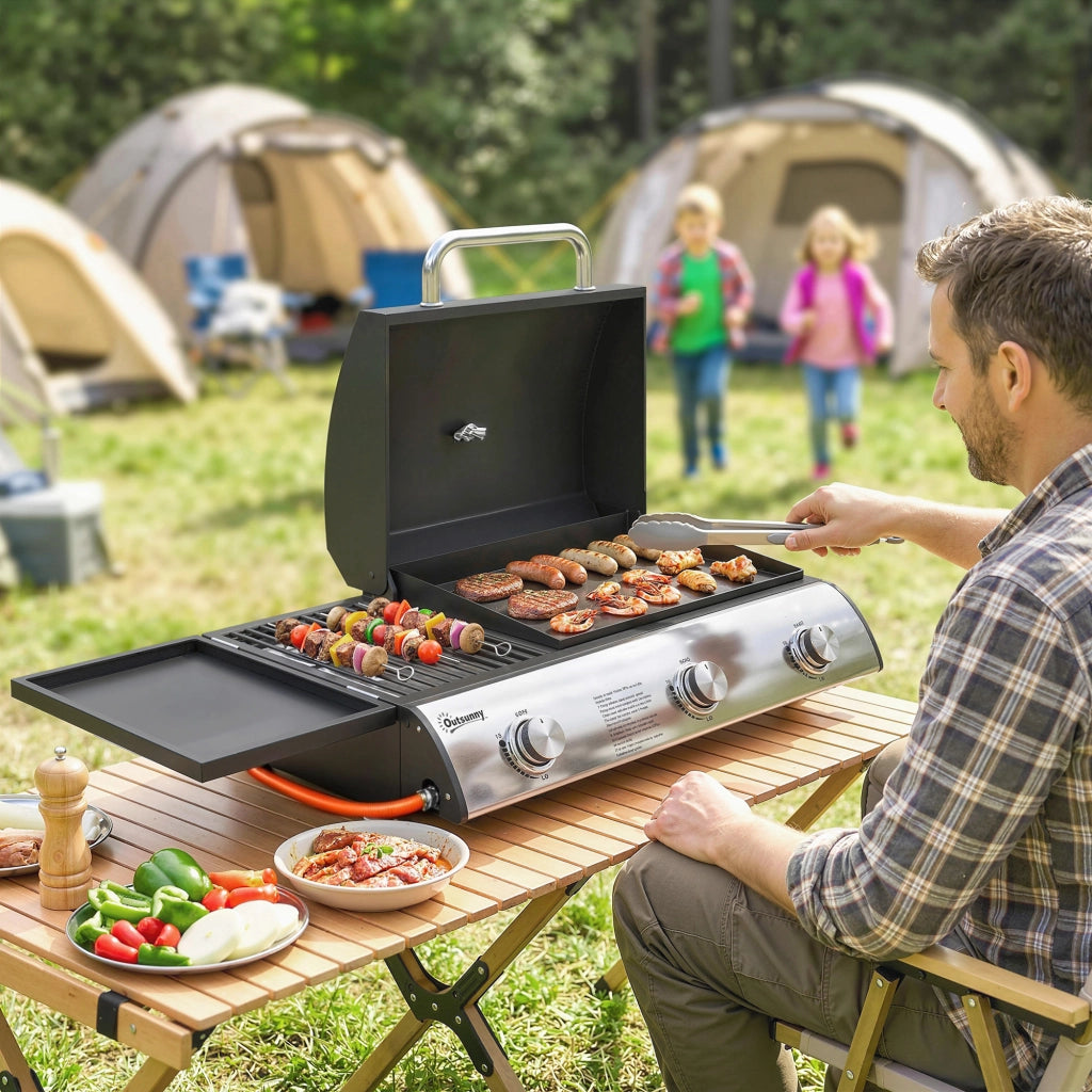 Barbecue a Gas con 3 Bruciatori 7,5 kW ¨C zephmum ¨C Griglia Piana, Ripiano Laterale, Nero