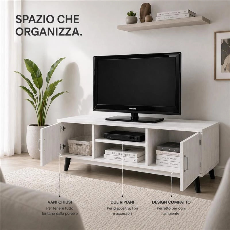 MOBILE TV IN MDF COLOR BIANCO LEGNO CON DUE ANTE E DUE RIPIANI MISURE: 140X38X44CM