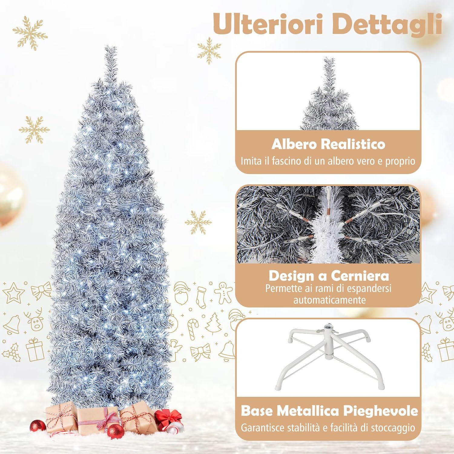 Albero di Natale Artificiale Pre-Illuminato da 180 CM, Albero di Natale Slim con 250 Luci LED, 475 Rami, Base Pieghevole in Metallo, Decorazioni Natalizie per Ufficio e Casa