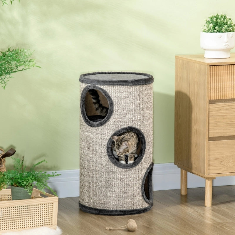 Tiragraffi a torre per gatti a 3 livelli con rivestimento in sisal e peluche, Ø38x70 cm, grigio chiaro