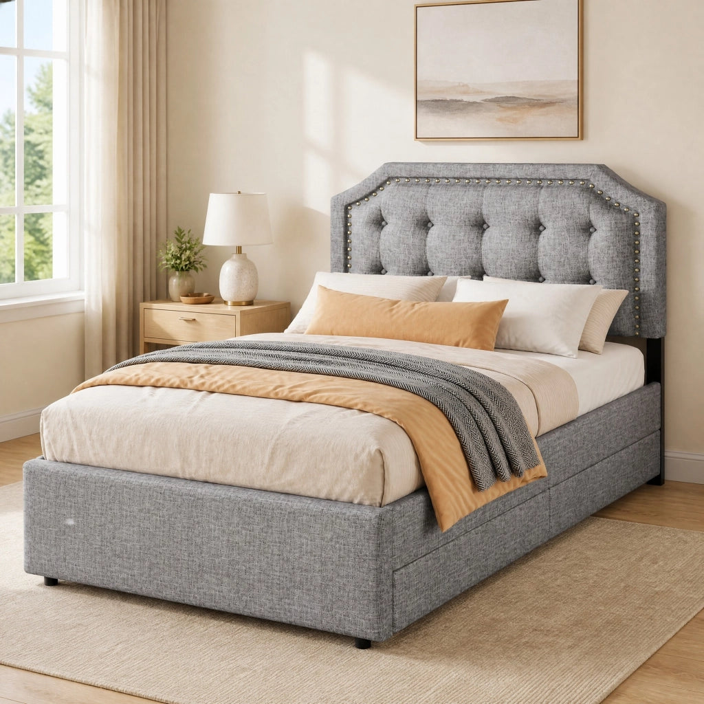 Letto con cassetti 90 × 200 cm imbottito con testiera regolabile e borchie decorative in lino e MDF grigio