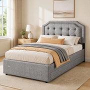 Letto con cassetti 90 × 200 cm imbottito con testiera regolabile e borchie decorative in lino e MDF grigio