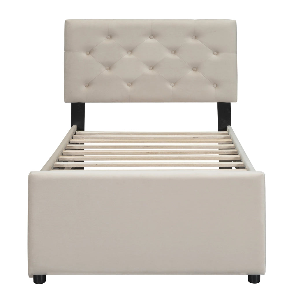 OKWISH Letto Bambino 90×200 cm, Letto Singolo con Letto Estraibile, Testiera Imbottita con Bottoni e Rivestimento Morbido, senza Materasso, Beige
