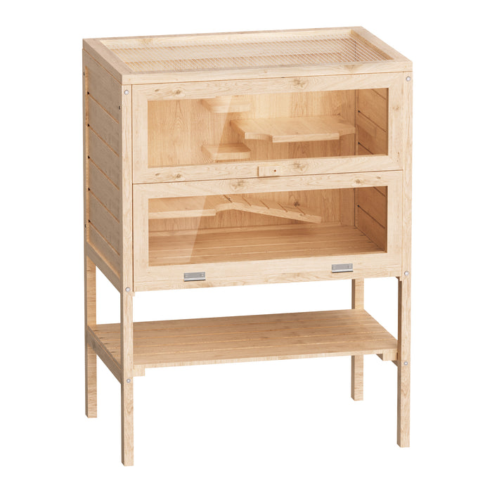 Gabbia per roditori piccoli animali a 3 livelli in legno e plexiglas con tetto apribile