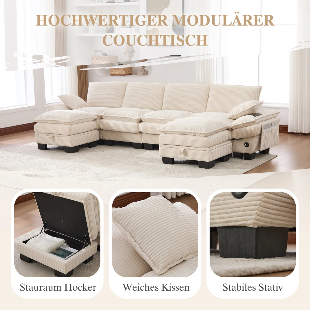 Divano modulare 4 posti in velluto a coste con USB-C, tasche laterali e 2 pouf, beige 330 × 132 × 84 cm