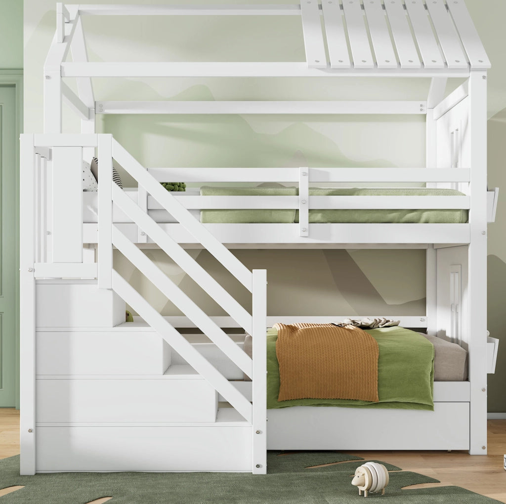 Letto a castello per bambini 90x200 cm con scale contenitore; cassetti e scaffali in pino e MDF bianco