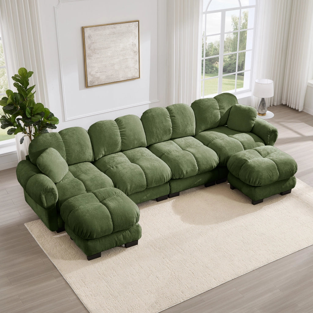 Divano modulare angolare a U in chenille verde 330x149x90 cm con pouf mobili