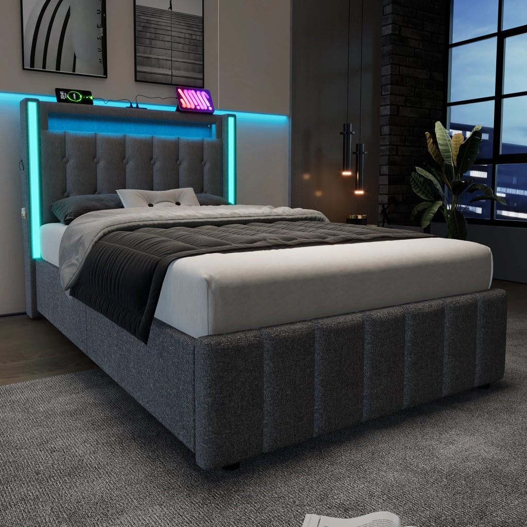 LETTO Singolo 90x200 cm in Lino Grigio con USB Type-C, LED e 2 Cassetti