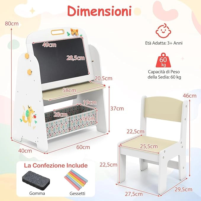 Set Tavolo e Sedia per Bambini, Lavagnetta Cancellabile Bambini con Sedia, Scaffale, 2 Contenitori in Tessuto, Gomma e Gessetti, Tavolino per Cameretta (Naturale)