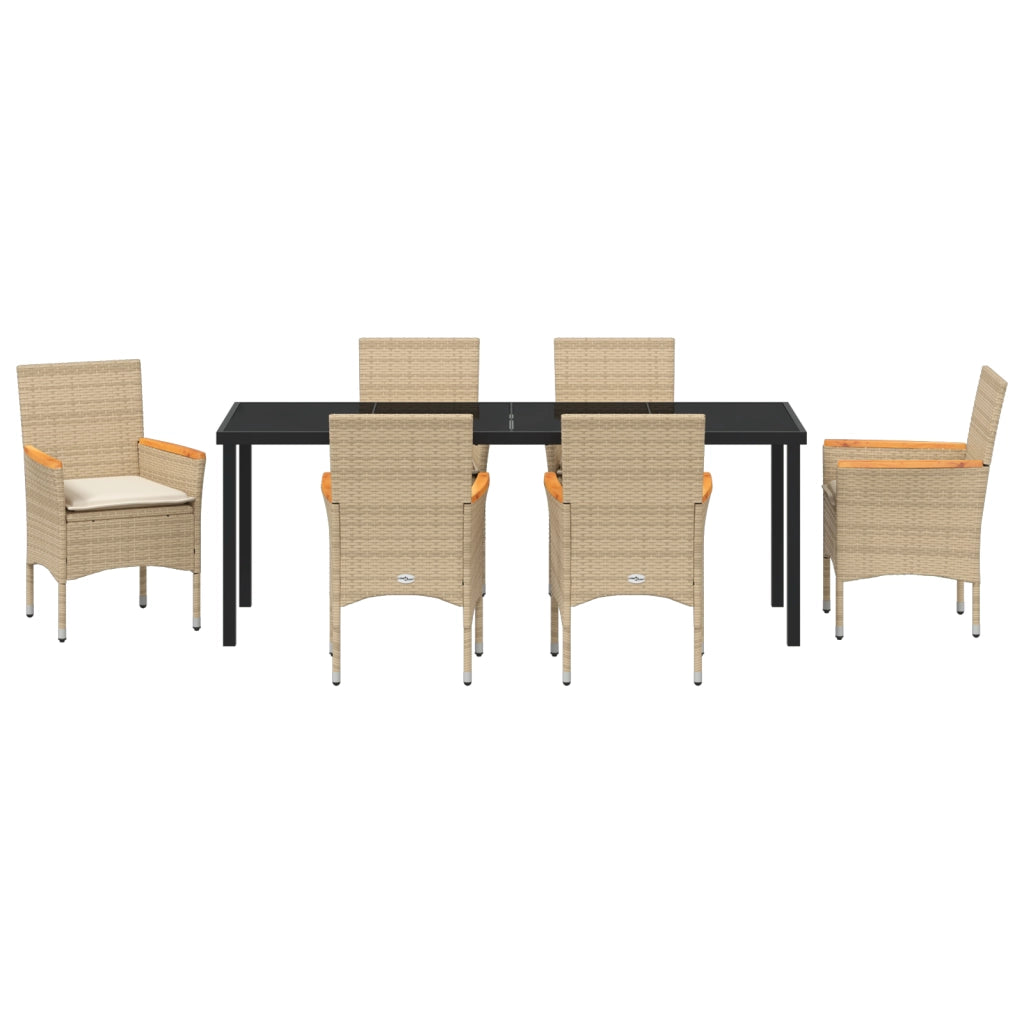 Set da Pranzo per Giardino a 7 Pezzi con Cuscini in Polyrattan Beige