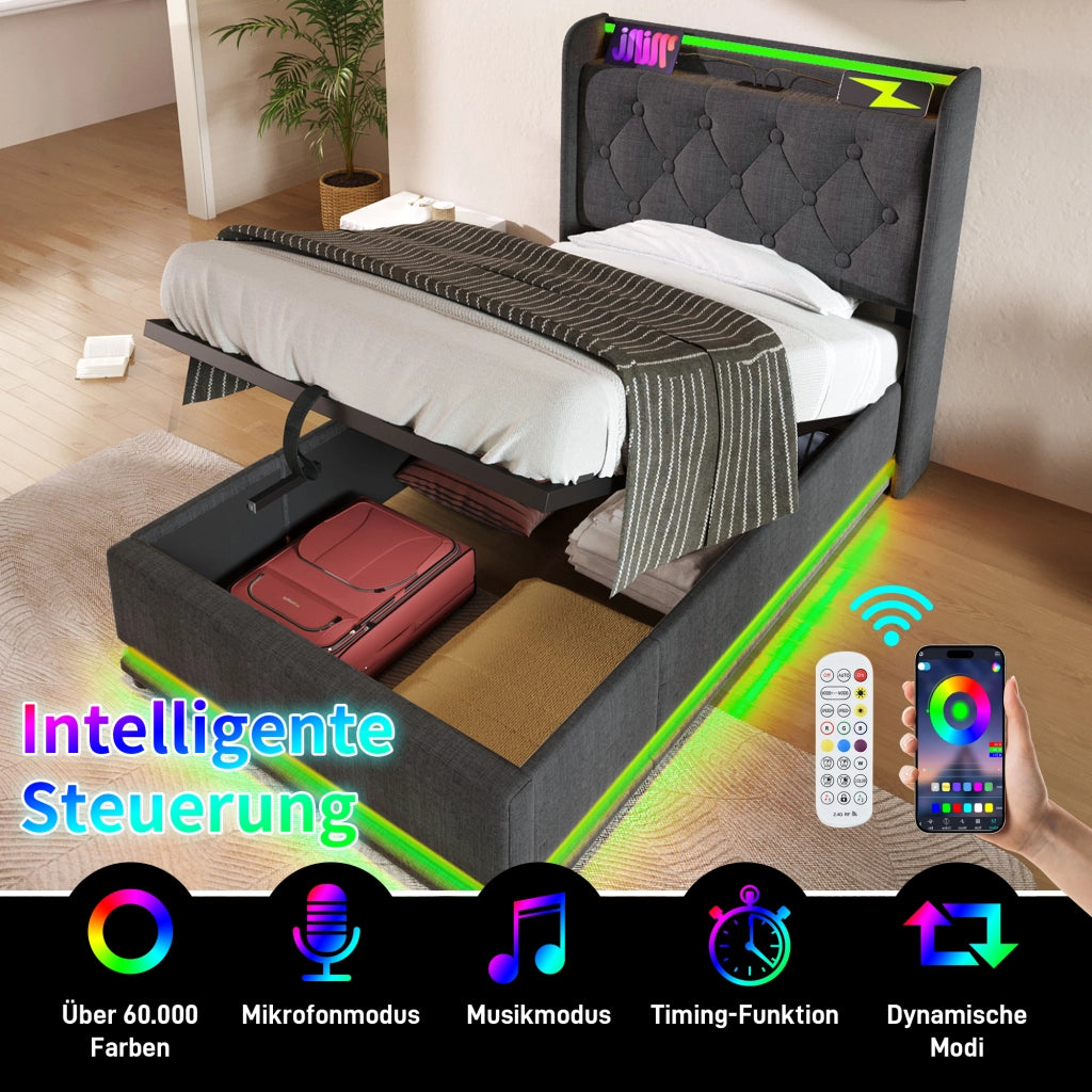 LETTO 90x200 cm in lino grigio con LED, USB Type-C e testiera imbottita