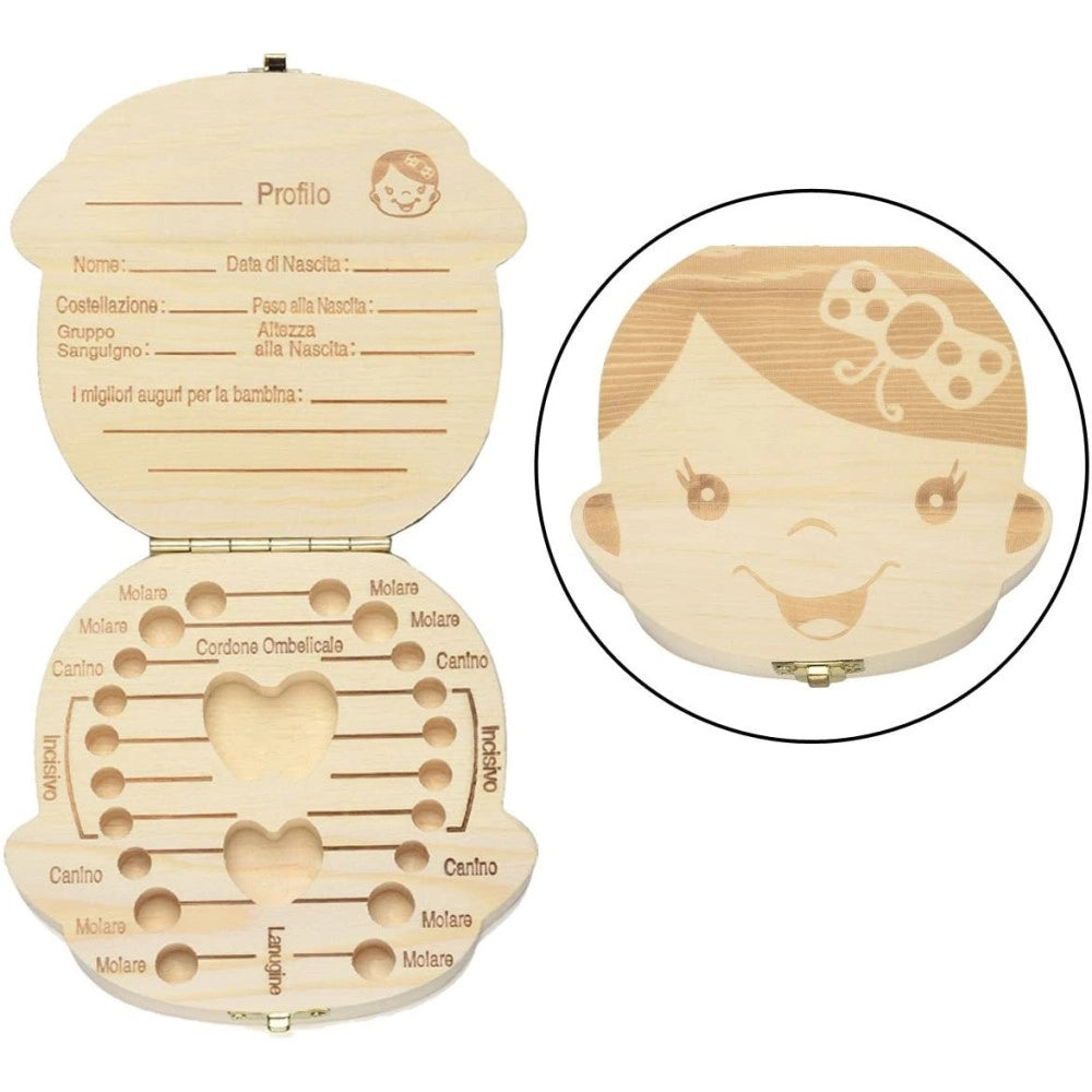 Trade Shop - Porta Dentini Scatola In Legno Per Bambina Femminuccia Cofanetto Ricordi Neonato -
