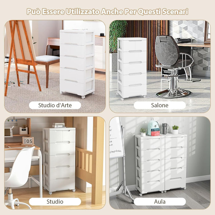 Carrello di Stoccaggio con Ruote, Cassettiera Verticale con Cassetti, Armadietto Contenitore di Stoccaggio, Organizzatore di Plastica per Casa Ufficio (5 cassetti)