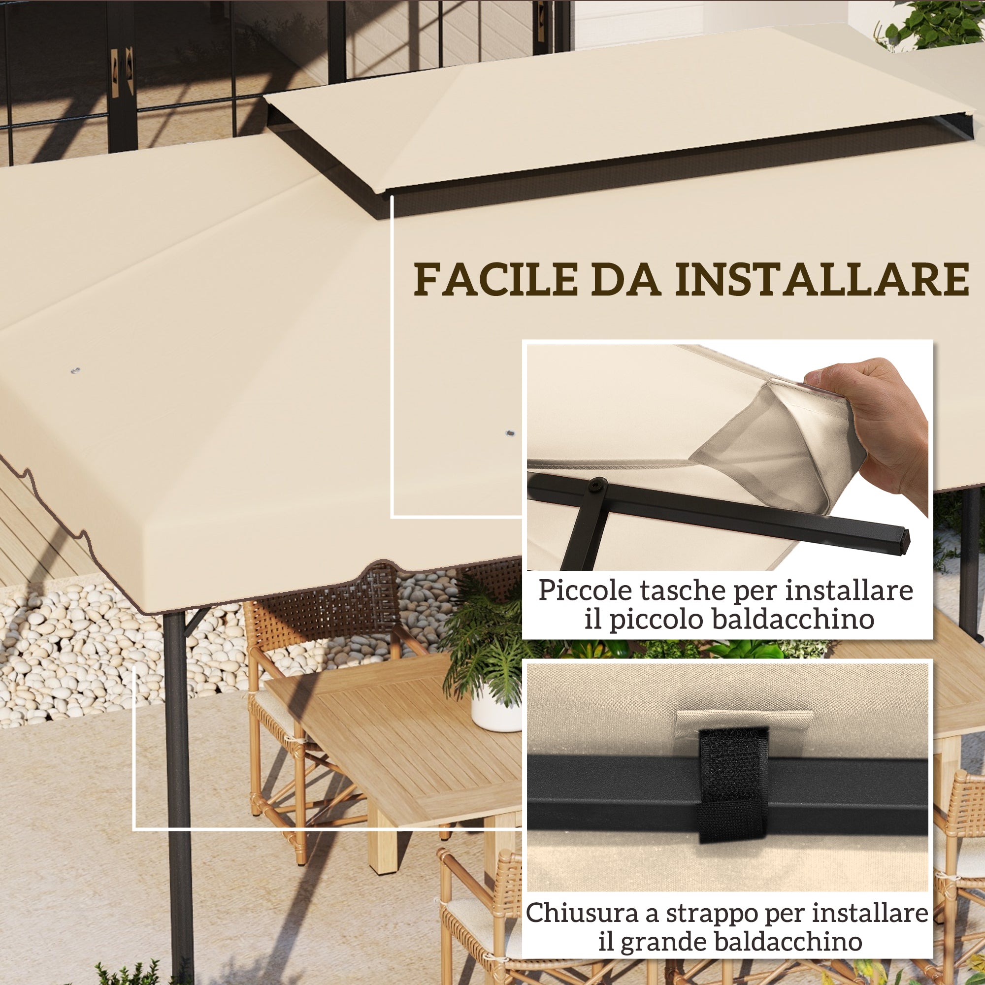 Tetto per Gazebo 3x4 m a 2 Livelli con 8 Fori di Drenaggio in Poliestere Bianco Crema