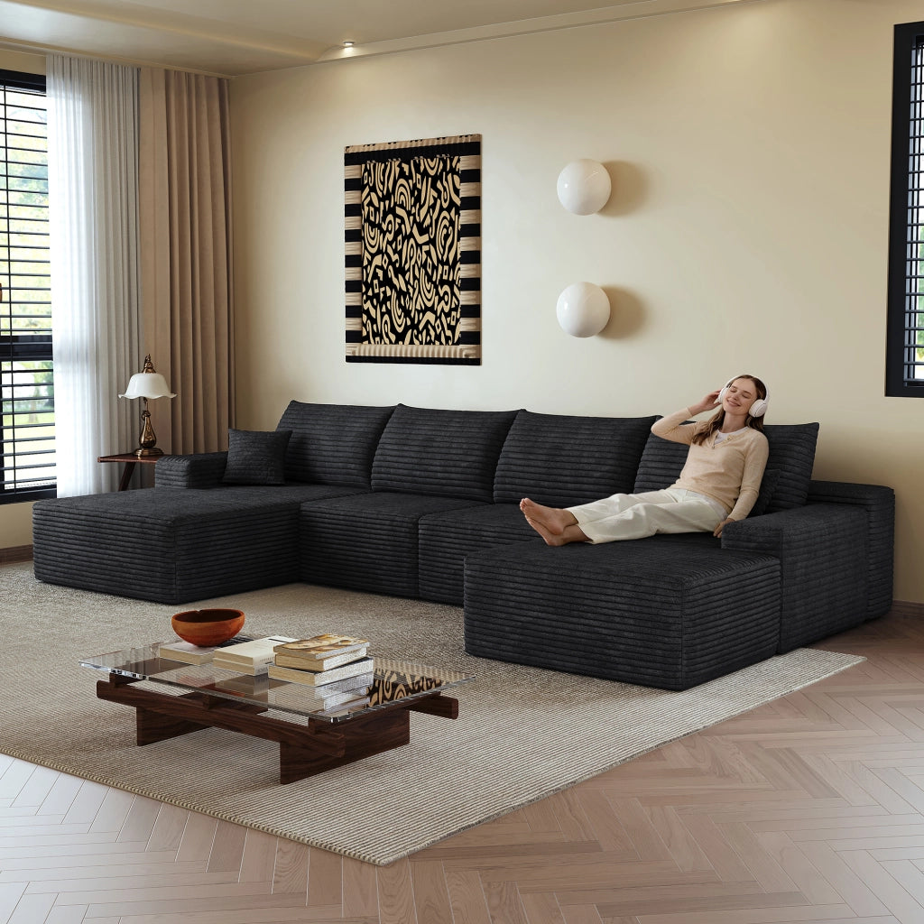 Divano angolare modulare in tessuto a coste con chaise longue, schiuma elastica e montaggio rapido nero