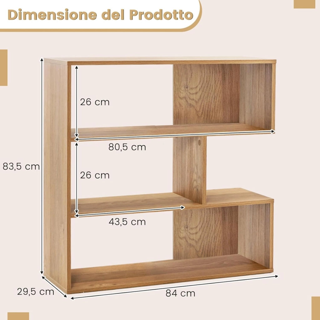 Libreria a Forma Convessa/Concava, Scaffale Aperto a 3 Ripiani in Legno, Scaffale da Esposizione con Dispositivo Antiribaltamento, per Soggiorno Ufficio Camera da Letto (Concava)