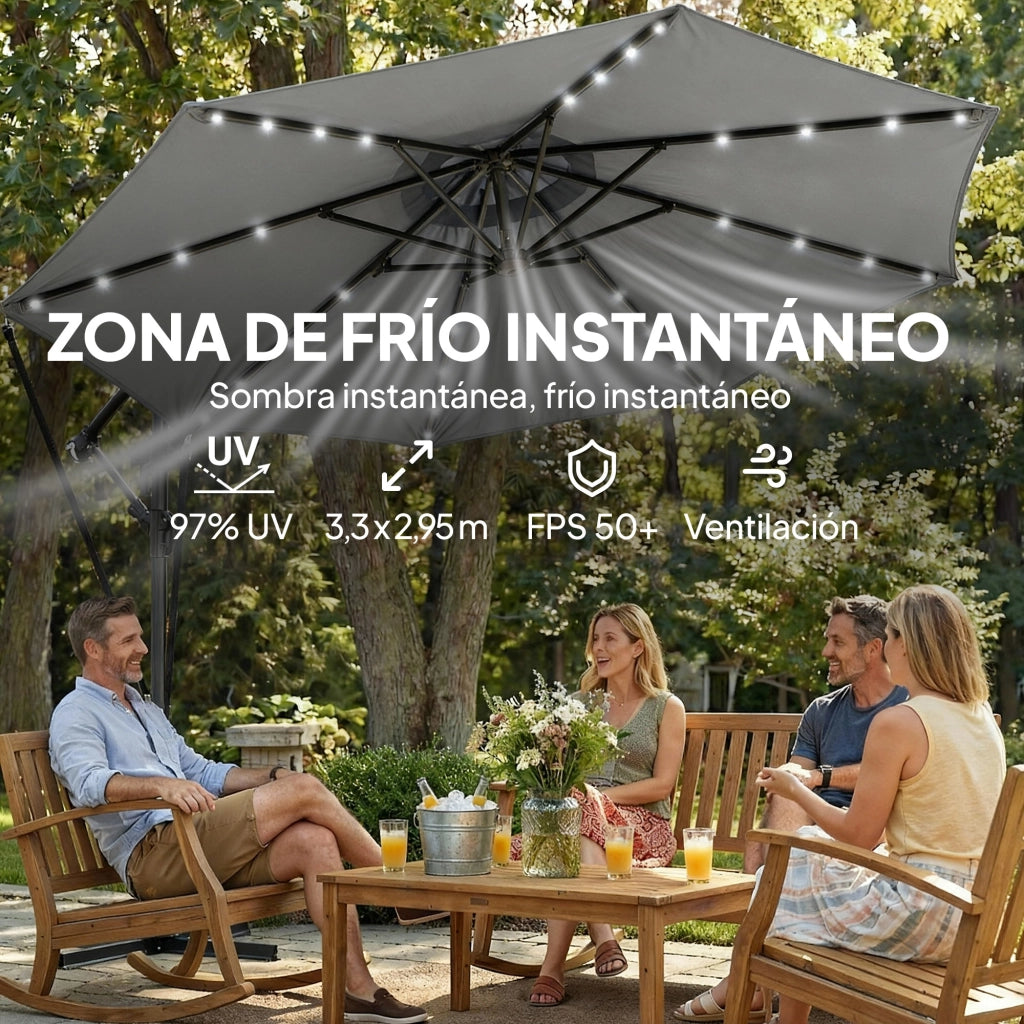 Ombrellone Parasole Grigio con Luci LED Solari 330x295 cm Base Crociata ¨C zephmum ¨C Grigio Scuro