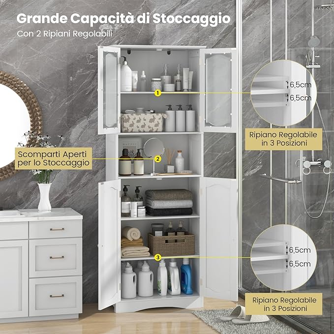 Armadietto Salvaspazio 60 x 30 x 164cm, Mobile Bagno con Scomparti Aperti, Ripiani Regolabili e 2 Porte in Vetro Temprato, Armadio da Bagno per Ufficio, Soggiorno e Camera da Letto (Bianco)