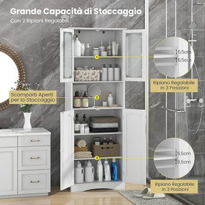 Armadietto Salvaspazio 60 x 30 x 164cm, Mobile Bagno con Scomparti Aperti, Ripiani Regolabili e 2 Porte in Vetro Temprato, Armadio da Bagno per Ufficio, Soggiorno e Camera da Letto (Bianco)