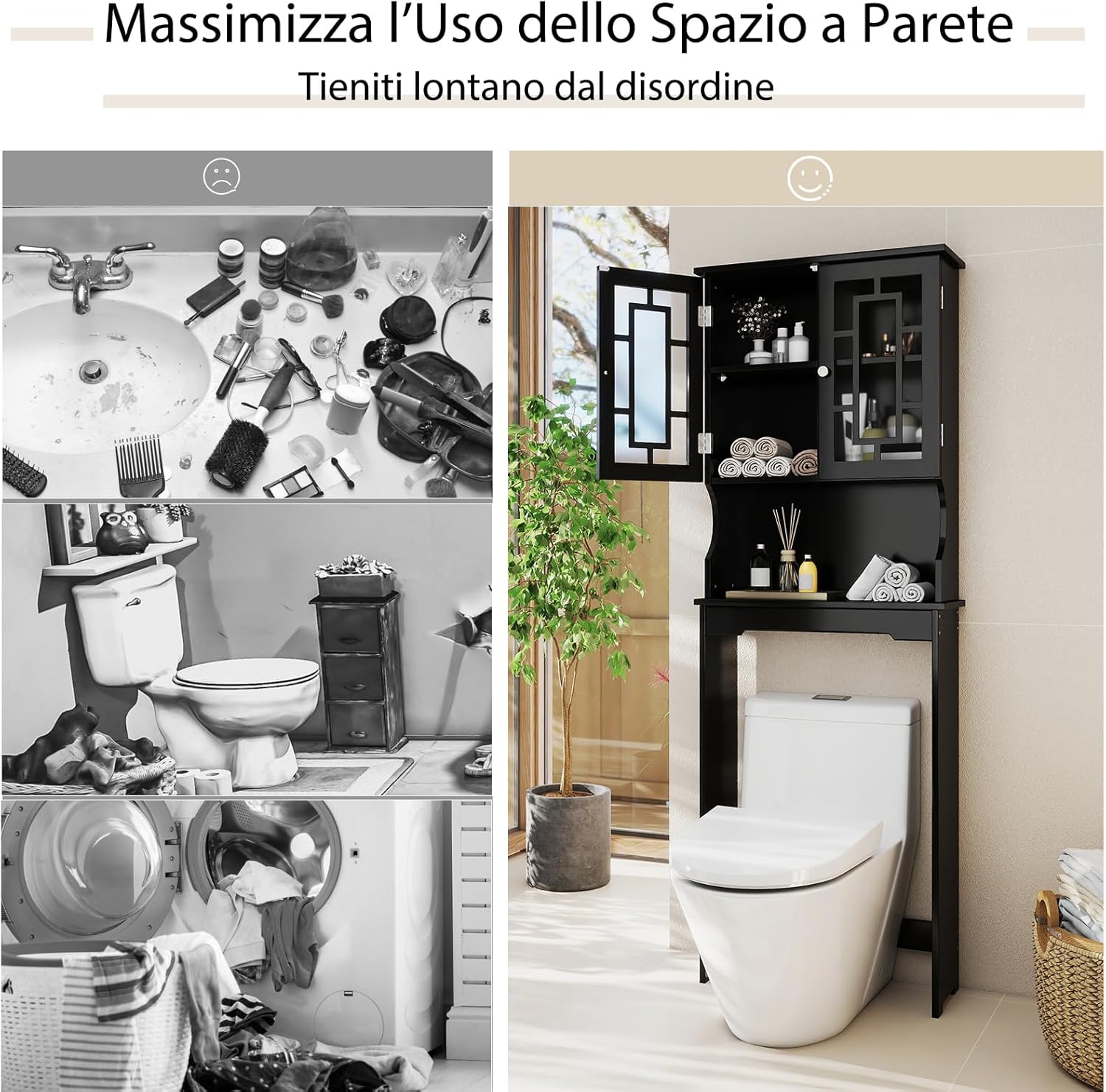 Mobile per Lavatrice, Organizzatore Bagno con 3 Mensole, Scaffale per Bagno con Mensola Interna Regolabile e 2 Ante, Salva Spazio (Nero)