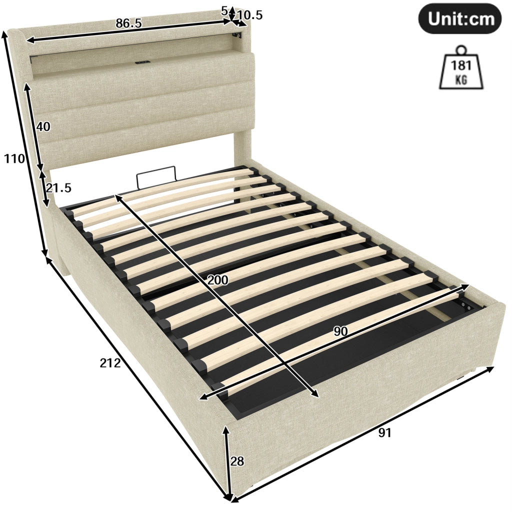 Letto imbottito 90x200 cm con LED; contenitore idraulico e porte USB in lino beige