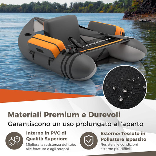 Belly Boat da Pesca Portatile, Gommone Gonfiabile da Pesca con Porta Canne Regolabile, Pompa, Pagaia in Alluminio, Spallacci e Kit di Riparazione, Barca da Mare con 2 Pinne, capacità 160kg
