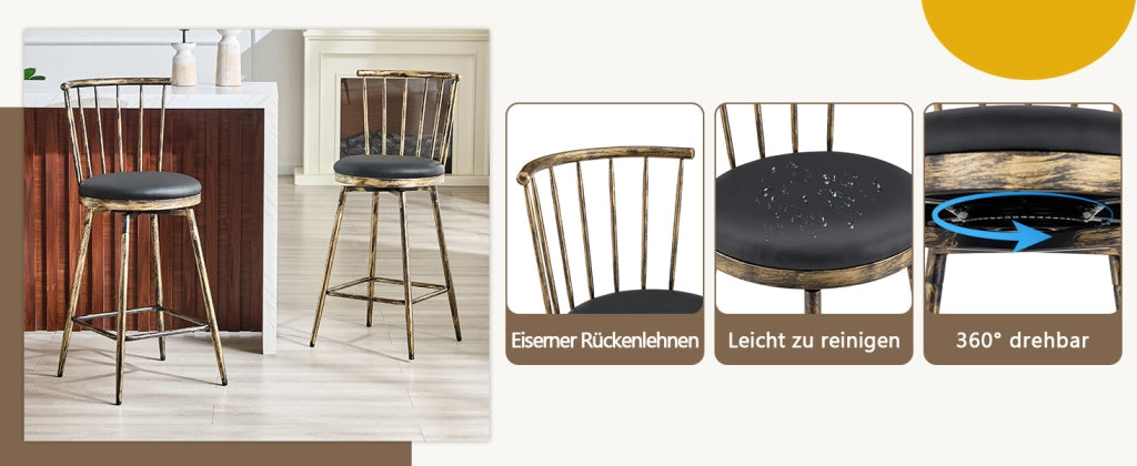 Sgabello da bar imbottito con schienale Windsor e poggiapiedi in metallo e similpelle nero marrone 73 × 45,5 × 45 cm