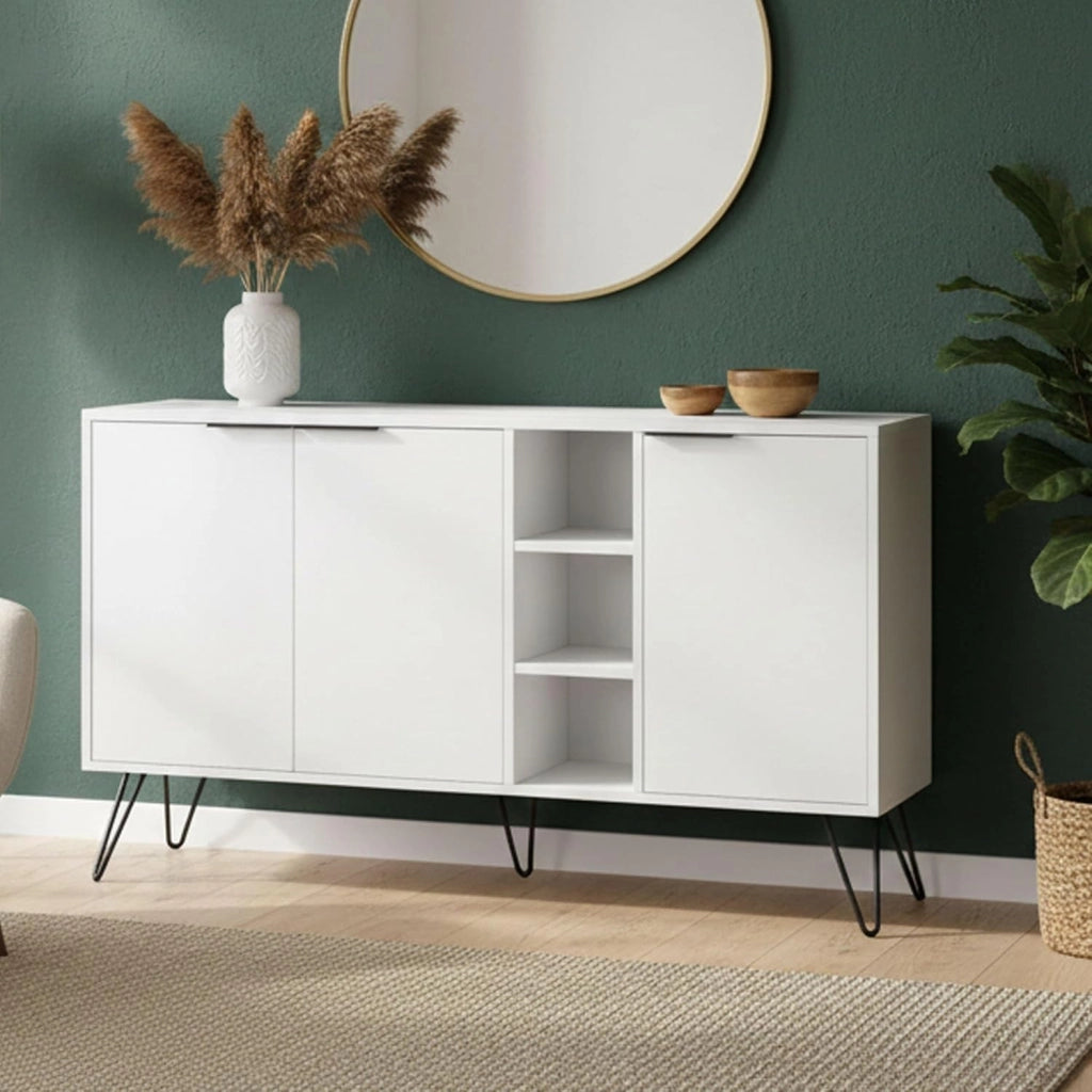 Madia Moderna Credenza 142x83 cm con 3 Ante e Vani a Giorno Zaffiro di Bianco