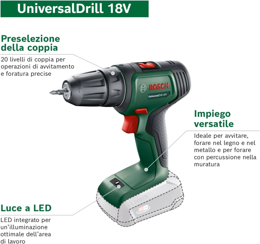 Bosch Home and Garden 06039D4002 Bosch Trapano a Batteria UniversalDrill (2 Batterie, In Valigetta), Verde-Nero, 38.1 x 28.9 x 10 cm, sistema da 18 Volt