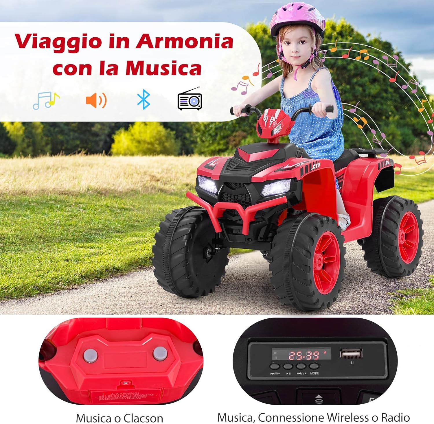 24V Quad Elettrico per Bambini, Macchina Elettrica Cavalcabile con Musica Radio Luci a LED, Avvio Lento, Velocità Fino a 5km/h, per Bambini 3-8 Anni (Rosso)