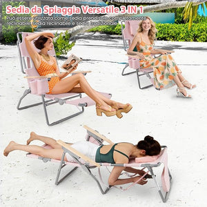 Sedia da Spiaggia Pieghevole 3 in 1, con Foro per il Viso, Poggiapiedi, Schienale Regolabile, Cuscino, Poltrona Prendisole per Spiaggia, Campeggio, Bordo, Piscina, Portata 150 kg (Rosa)
