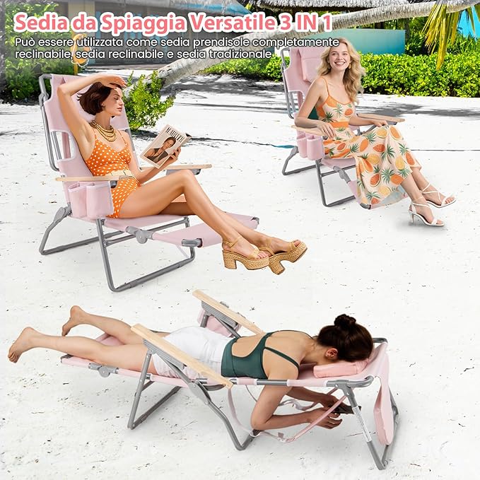 Sedia da Spiaggia Pieghevole 3 in 1, con Foro per il Viso, Poggiapiedi, Schienale Regolabile, Cuscino, Poltrona Prendisole per Spiaggia, Campeggio, Bordo, Piscina, Portata 150 kg (Rosa)
