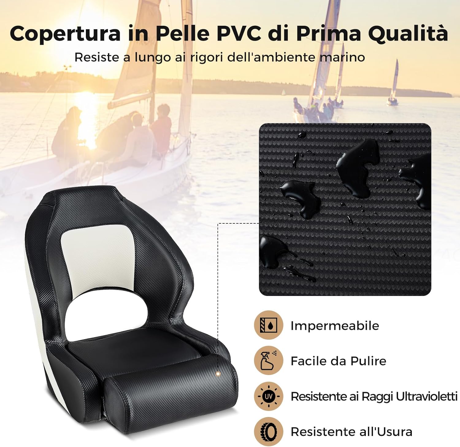 Sedia per Barca, Sedile da Barca con Supporto per Schienale e Cuscino, Rivestimento in Pelle PVC Impermeabile, Schienale Alto 53 cm, Seduta da Barca da Pesca e Escursioni