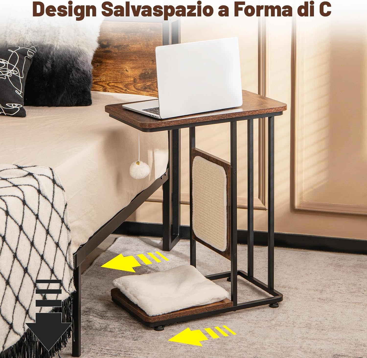 Tavolino da Salotto, Tavolino Multisuo con Tiragraffi, Cuscino Rimovibile Lavabile e Giocattolo Appeso, Mobili Moderni per Soggiorno e Camera da Letto, Marrone Rustico