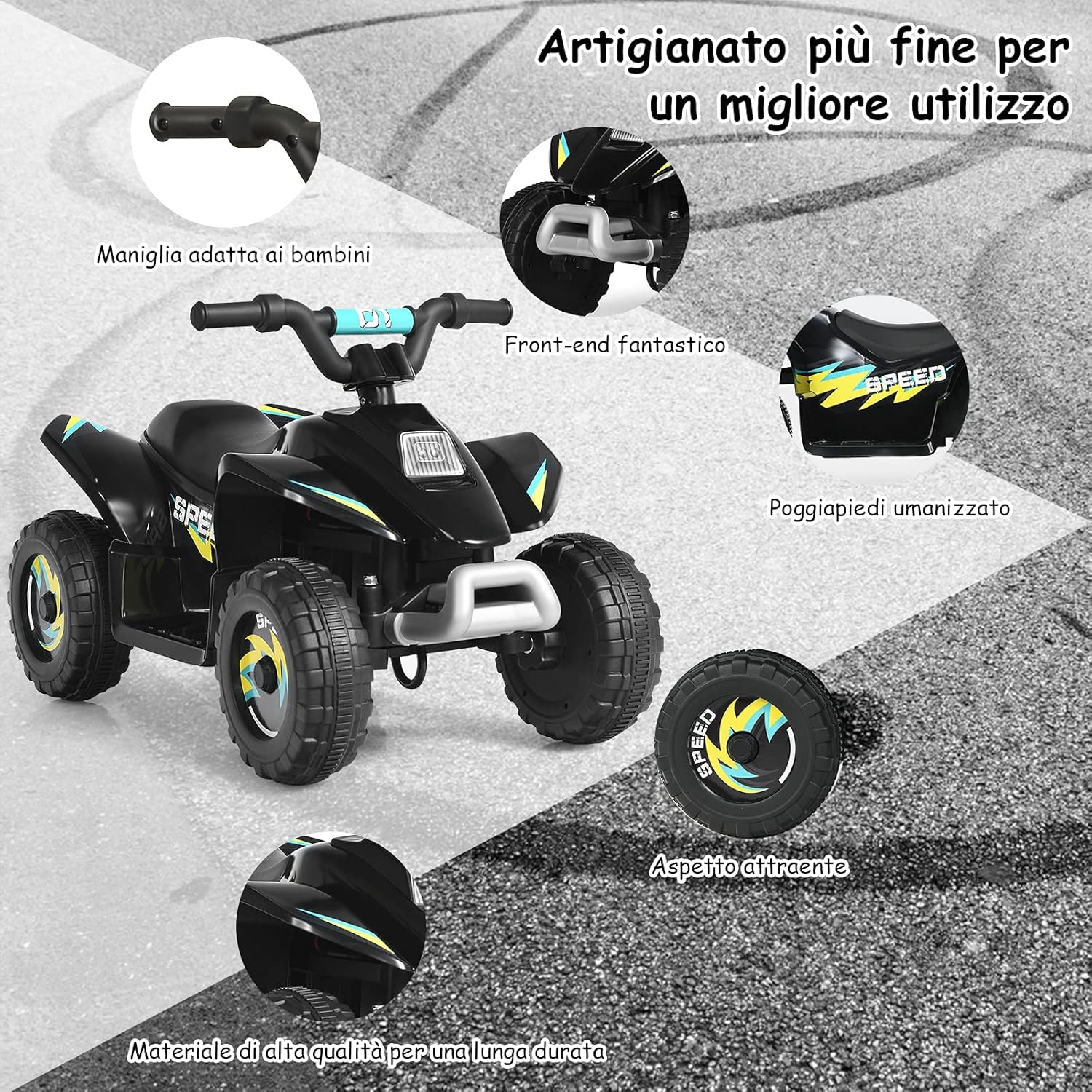 6V Quad Elettrico per Bambini con Batteria, Mini Quad con Funzione Avanti/Indietro, Velocità Massima 4,6 km/h (Nero)