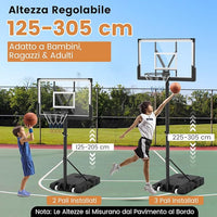Canestro da Basket Regolabile 125-305 cm in Altezza per Bambini ed Adulti, Canestro con Piantana a Ruote, Canestro con Asta e Base Riempibile per Interno ed Esterno, Nero